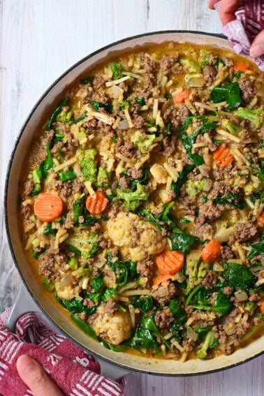 An overhead shot of the finished skillet ground beef and potatoes dish, ready to serve.