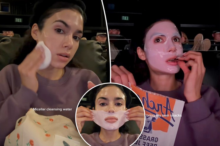 Collage of a woman doing her skincare routine and eating snacks in a movie theater.