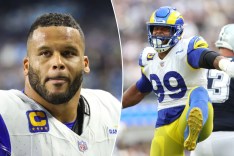 An image collage containing 2 images, Image 1 shows Los Angeles Rams defensive tackle Aaron Donald walks off the field, Image 2 shows Aaron Donald of the Los Angeles Rams reacts after a sack