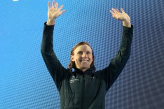 Katie Ledecky reacts on the podium after finishing second place in the Women's 800m Freestyle Final on Day 4 of the Pan Pacific Swimming Championships at William Woollett, Jr. Aquatics Center on August 15, 2026 in Irvine, California.