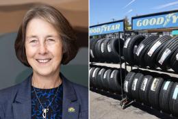 An image collage containing 2 images, Image 1 shows Headshot of Commissioner Nancy Skinner smiling, Image 2 shows Goodyear tires on a display rack at Lincoln Discount Tire