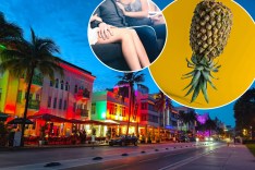 An image collage containing 3 images, Image 1 shows Art Deco buildings illuminated with vibrant red, green, and purple lights line Ocean Drive in South Beach, Miami, Image 2 shows An upside-down pineapple with green leaves and a textured brown and green body, stands on a yellow surface against a matching yellow background, Image 3 shows LoveHoney ranked each of the U.S. states based on the number of swinging clubs, and online searches related to swinging.