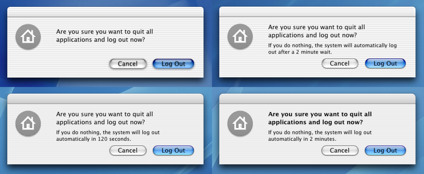 Screenshots of the logout dialog in Mac OS X 10.1 to 10.4