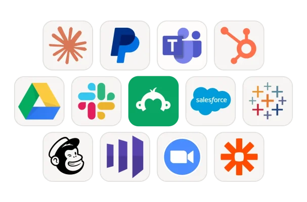 Various icons of apps that integrate with SurveyMonkey, such as Claude, PayPal, Google Drive, Salesforce, Zoom, Mailchimp, Tableau, and Slack