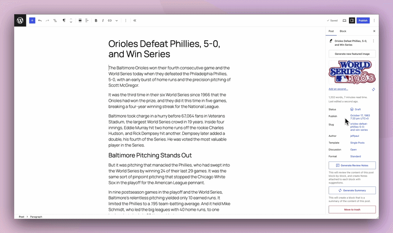 Editor Experiment: Content Classification. AI-powered suggestions for post tags and categories based on content analysis.