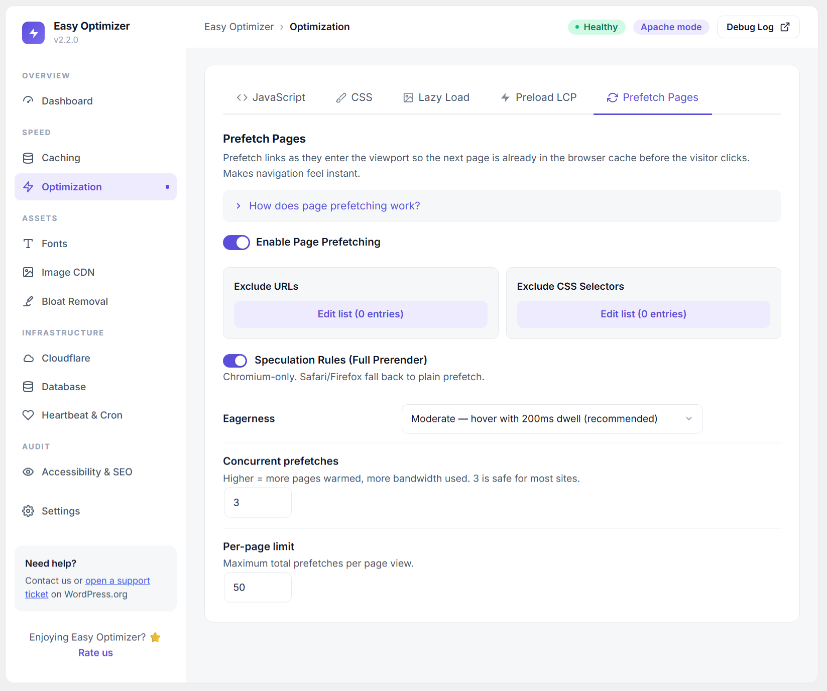 Prefetch pages — eagerness selection, prerender toggle, URL and CSS selector exclusions.