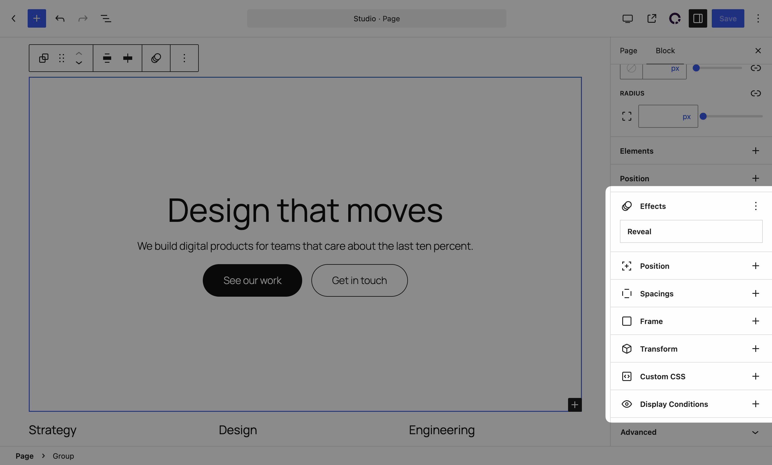 Ghost Kit panels on a core Group block: Effects, Position, Spacings, Frame, Transform, Custom CSS and Display Conditions