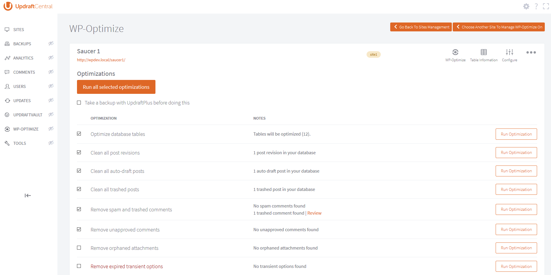 Optimize a controlled site that has WP-Optimize installed