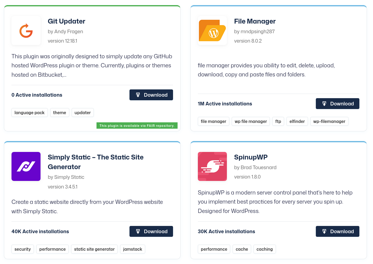 Aspire Explorer plugin catalog showing the “FAIR – Federated and Independent Repositories” card with a FAIR badge and Download button, beside “ELEX WooCommerce USPS Shipping Method.”