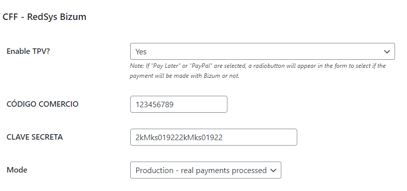 RedSys Bizum form settings