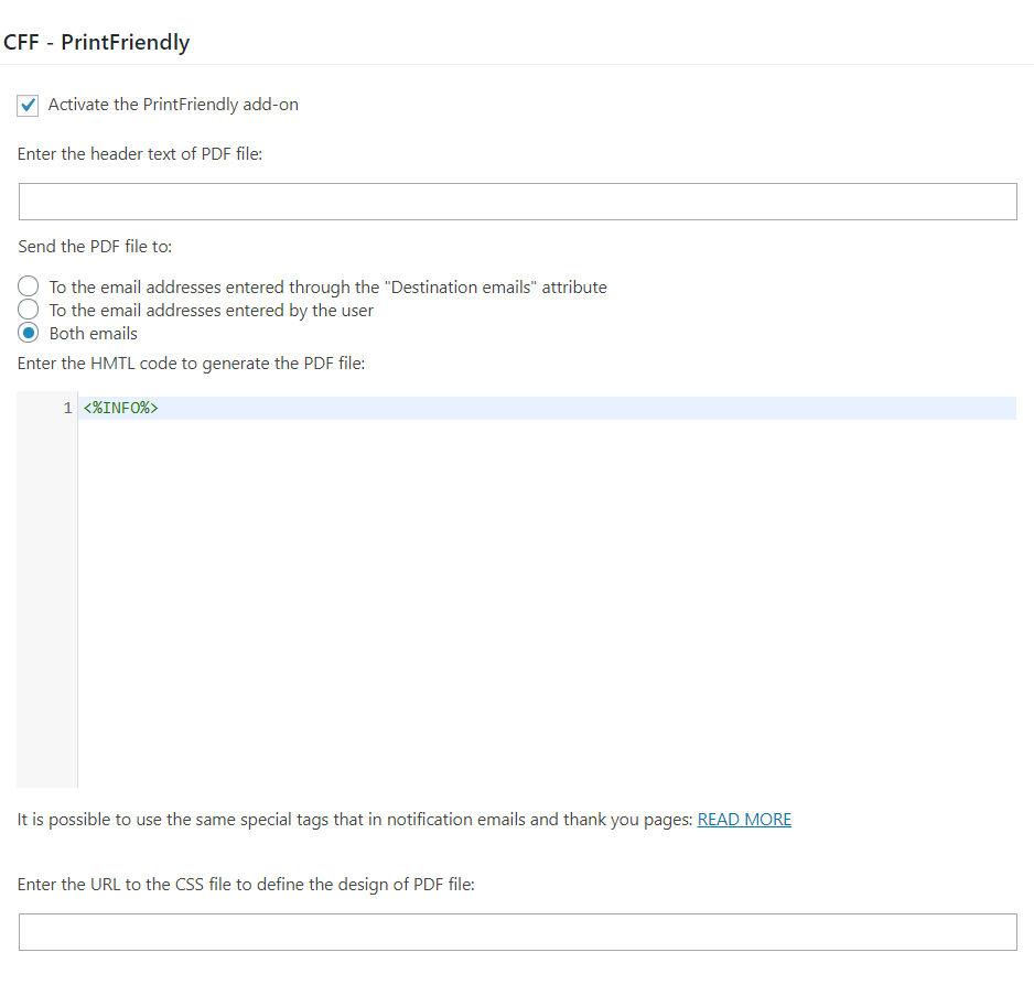 PrintFriendly form settings