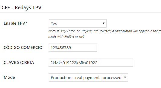 RedSys TPV form settings