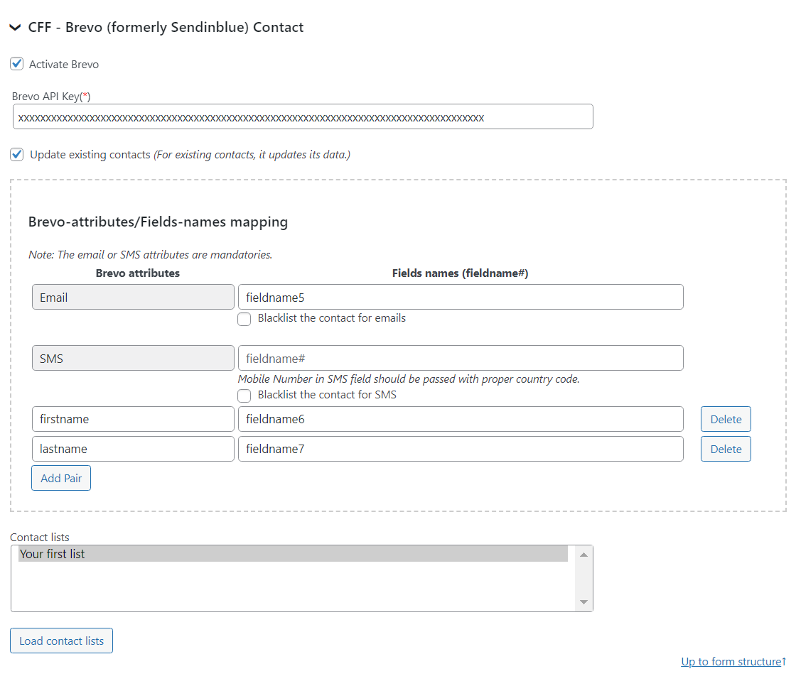 Brevo Contact form settings