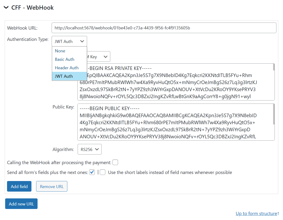 WebHook add-on settings