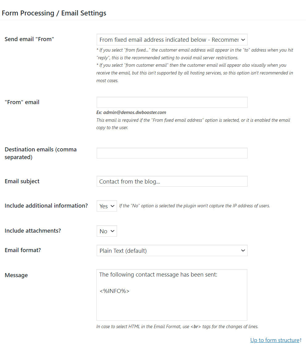 Form Processing/Email Settings