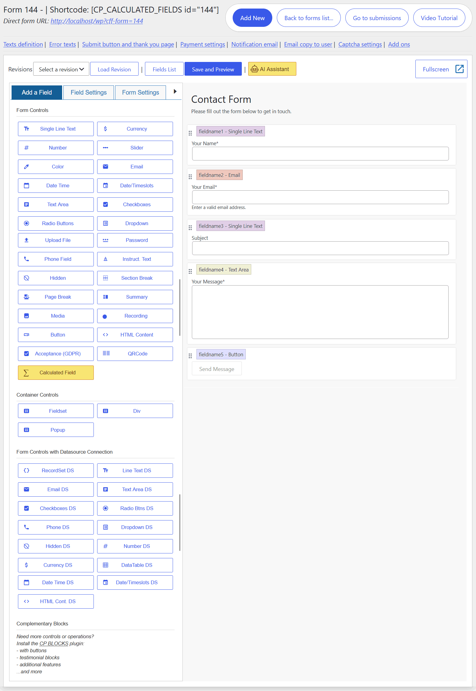 Screenshot of the Calculated Fields Form Builder interface with fields, an equation editor, and configuration tabs