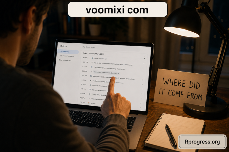 Person at a desk at night pointing at a browser history list on a laptop, tracing how they reached voomixi com