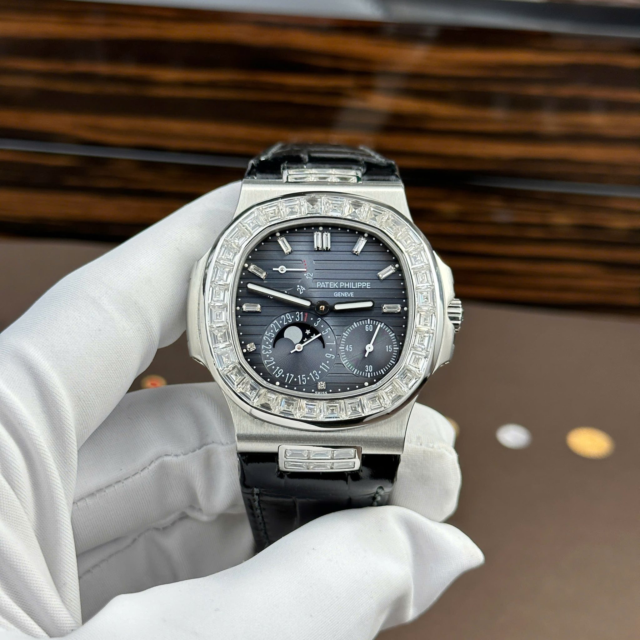 Patek Philippe Nautilus 5724G-001 Blue Dial Baguette Moissanite Full Functions Modified Max Options 40mm