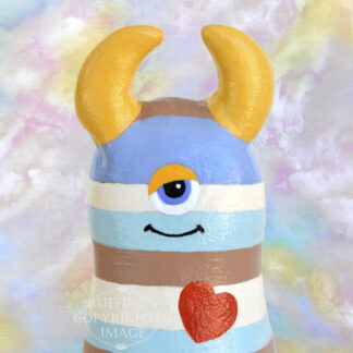 Hug Me Monster art doll figurine, tan and blue striped, Durwin handmade by artist Elizabeth Ruffing