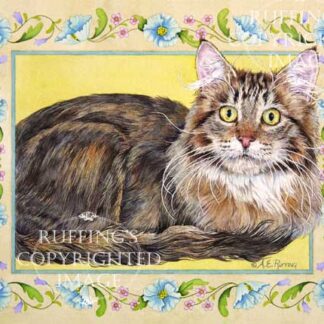 A tabby-and-white Maine Coon cat on a yellow background, surrounded by a floral border or blue, green, and pink on tan