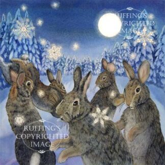 Cottontail rabbits dancing in a circle in the moonlight with large snowflakes falling all around them in a deep blue clearing in a pine forest