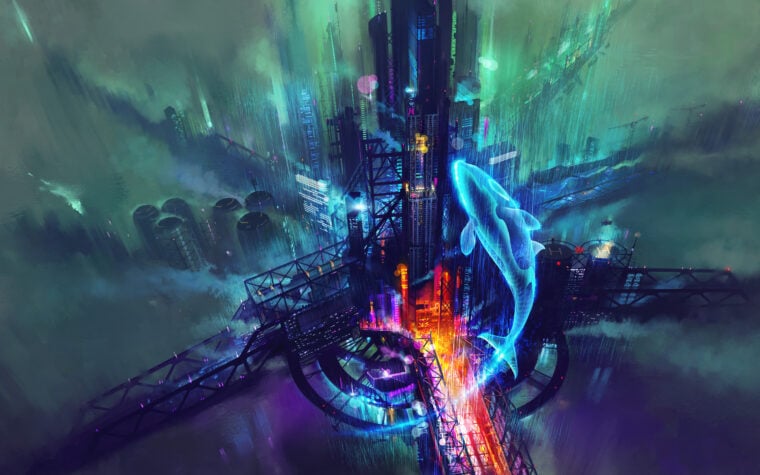 blackfish2 cover art for the Hungarian edition of BLACKFISH CITY, showing a hologram killer whale above a rainy cyberpunk floating city
