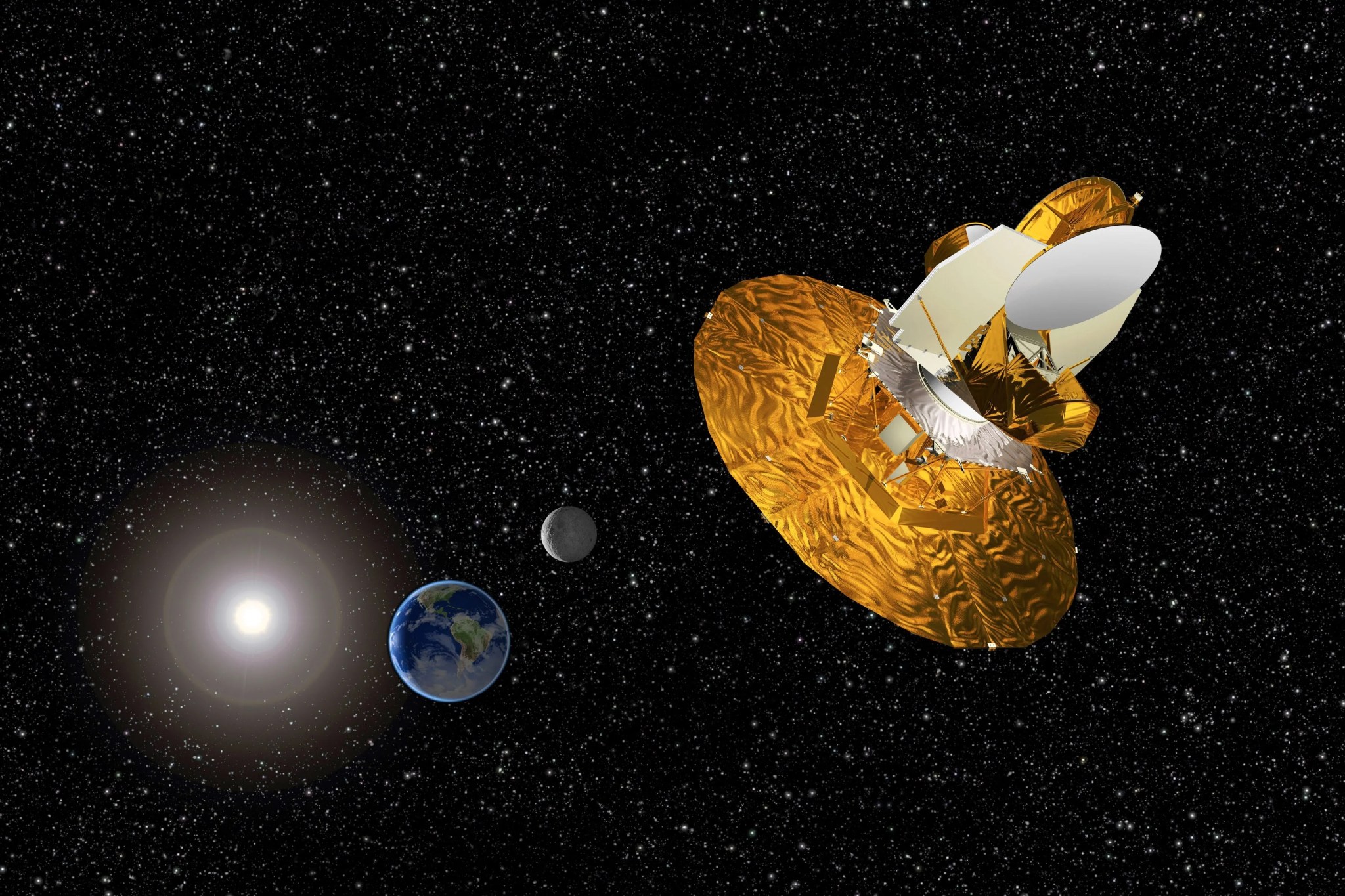 Illustration of a NASA space observatory with a large gold sunshield and dish antenna in deep space, shown aligned with the Sun, Earth, and Moon in the background.