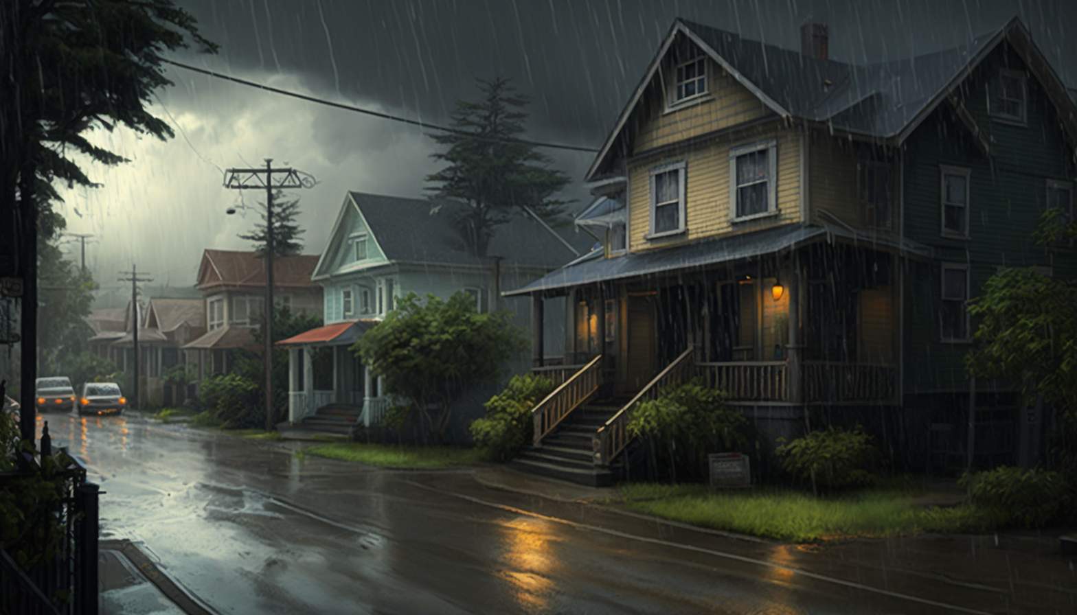 terrible storm, lightning, heavy rain, massive flooding, Seattle residential street