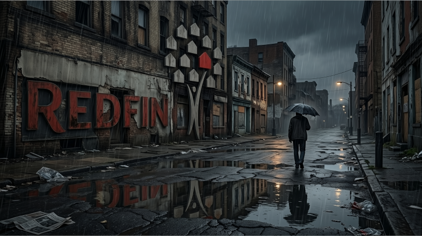 A rainy night scene, sad man walks down the street, the old Redfin logo is on the side of a building.