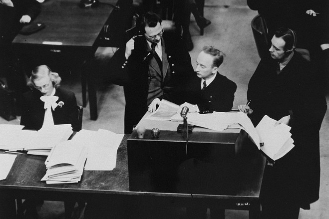 Mr. Ferencz presents evidence as chief prosecutor in the Einsatzgruppen Trial in 1947.