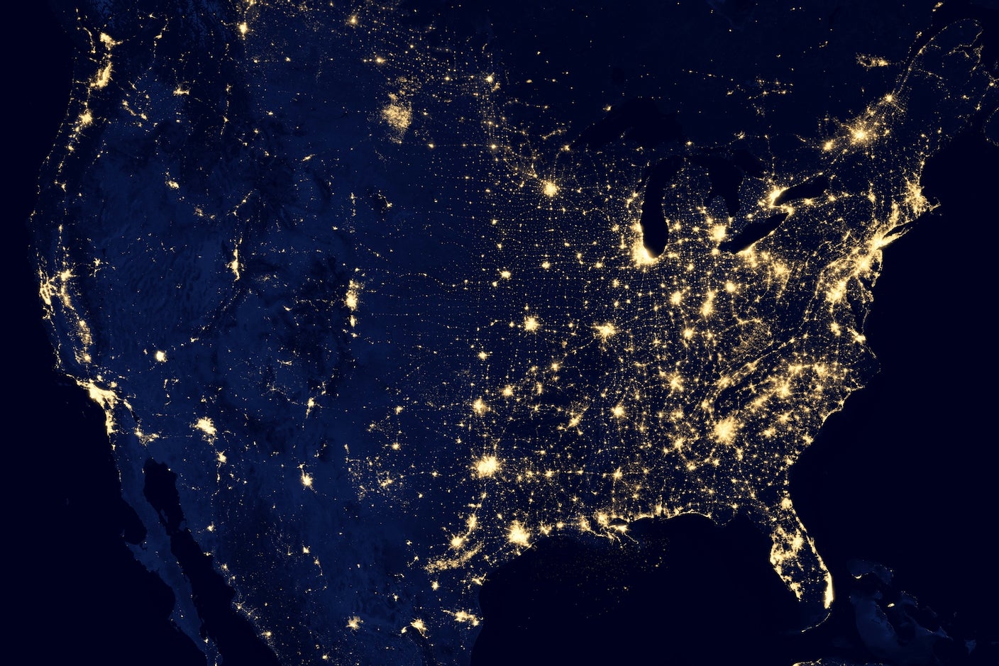 US cities lit up at night as viewed from space.
