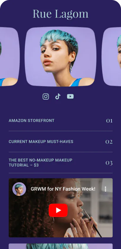 Modern, pastel-themed Bio Site template for a beauty creator.