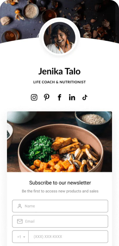 Grey, calming Bio Site template for a health & wellness creator.