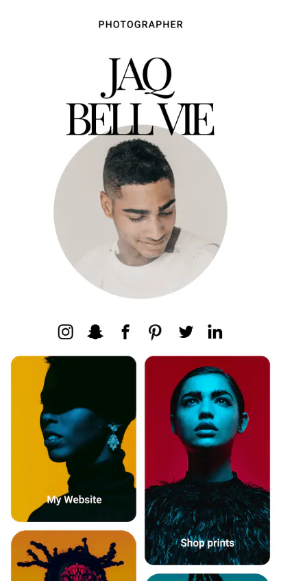Sleek, dark-themed Bio Site template for a photographer.