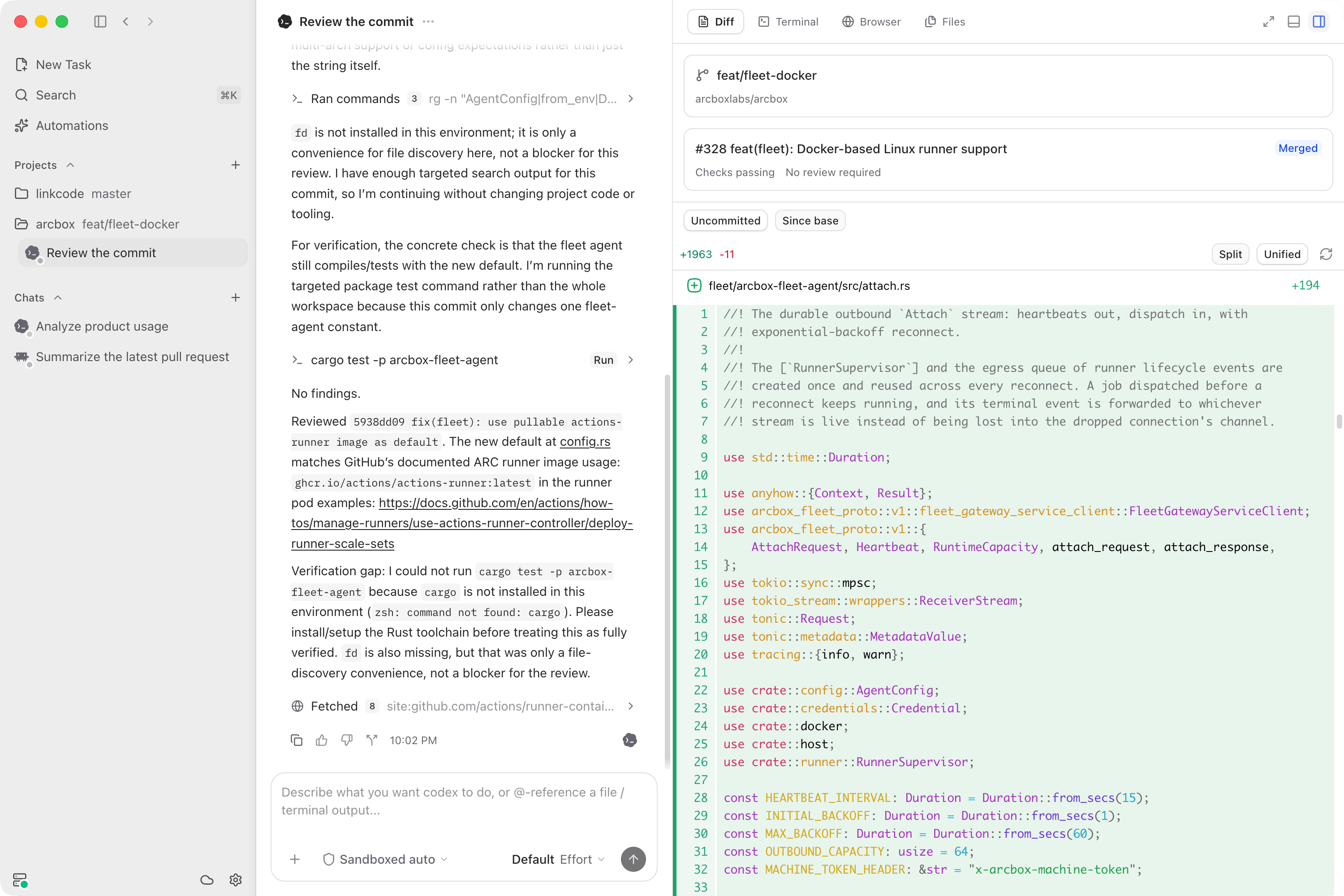 Diff panel reviewing a commit next to its pull request