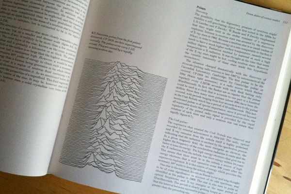 Photograph of a book with the pulsar graphic