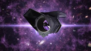 An illustration of a space telescope against a background of purple-tinted "deep sky" objects such as galaxies, nebulae, and the plane of the Milky Way