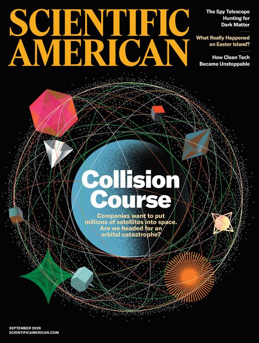 Cover of the September 2026 issue of Scientific American, showing different colorful shapes orbiting a planet.