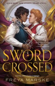 book cover: two men embracing, both holding swords