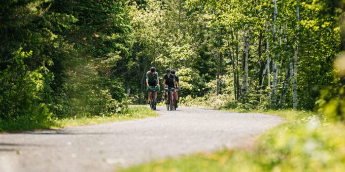 activities-pedal-image@2x | Trans Canada Trail A group of three cycling down a windy forest path in the distance