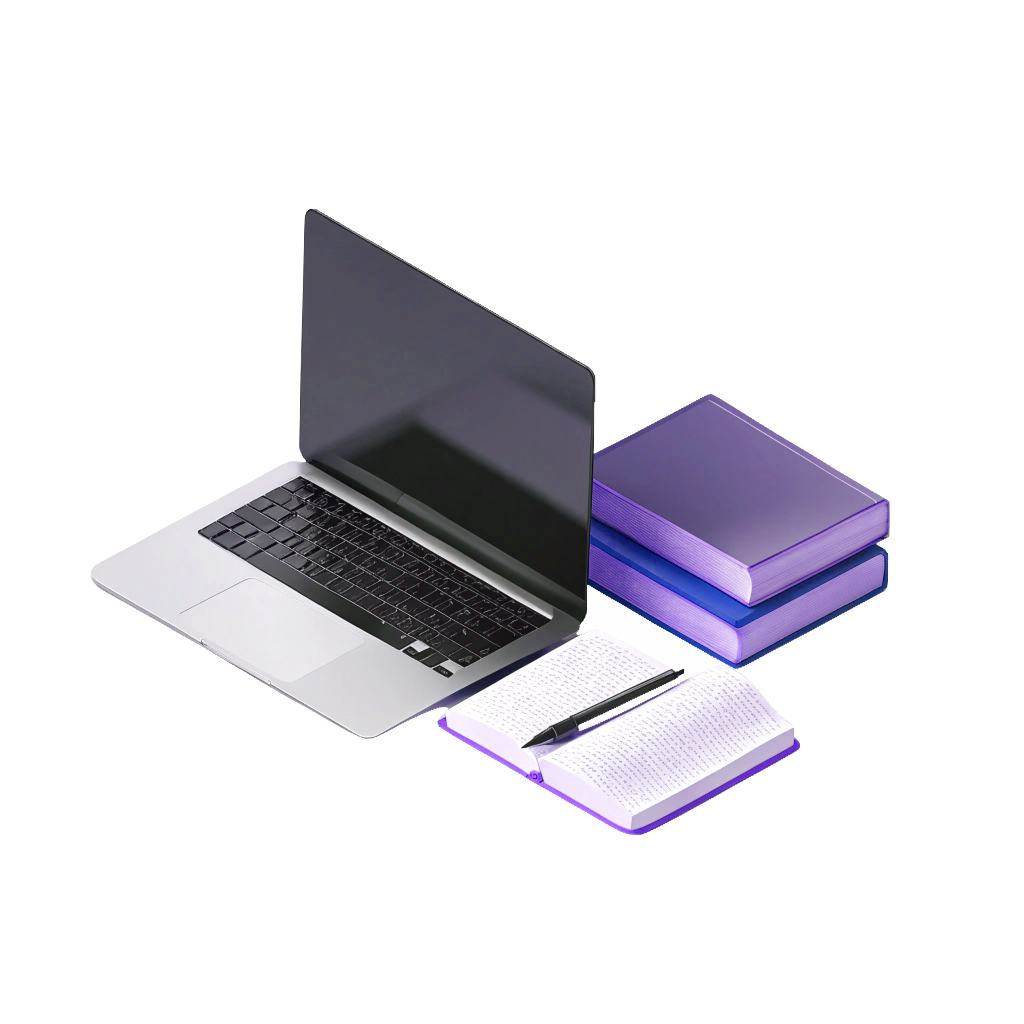 3d models of a laptop, books, and a notebook are combined into a single composition on the topic of Content & Copywriting.