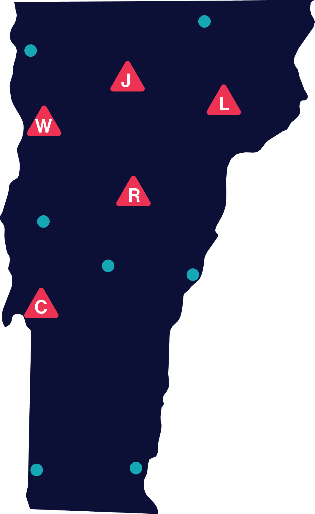 A graphic map of the state of Vermont with triangles over each VTSU location, and dots over VTSU learning sites.