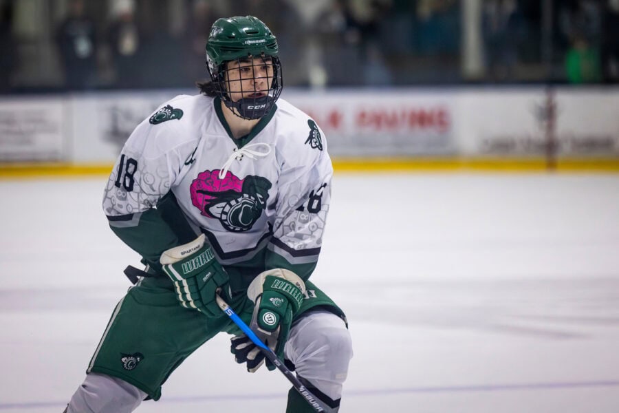 A young man in hockey gear skating on the ice
