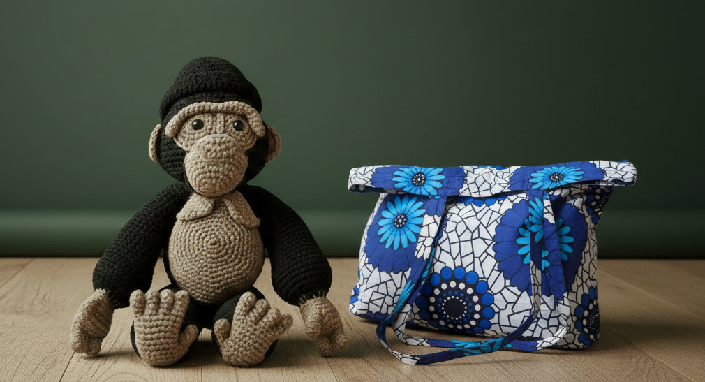 crochet gorilla with kitenge tote bag