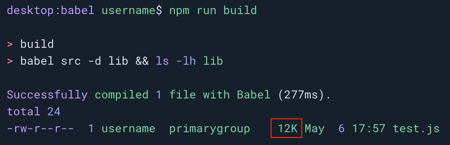 Session de terminal montrant que la commande "npm run build" a été exécutée sur un fichier JavaScript appelé "test.js". La taille du fichier de sortie est de 12 kilo-octets.