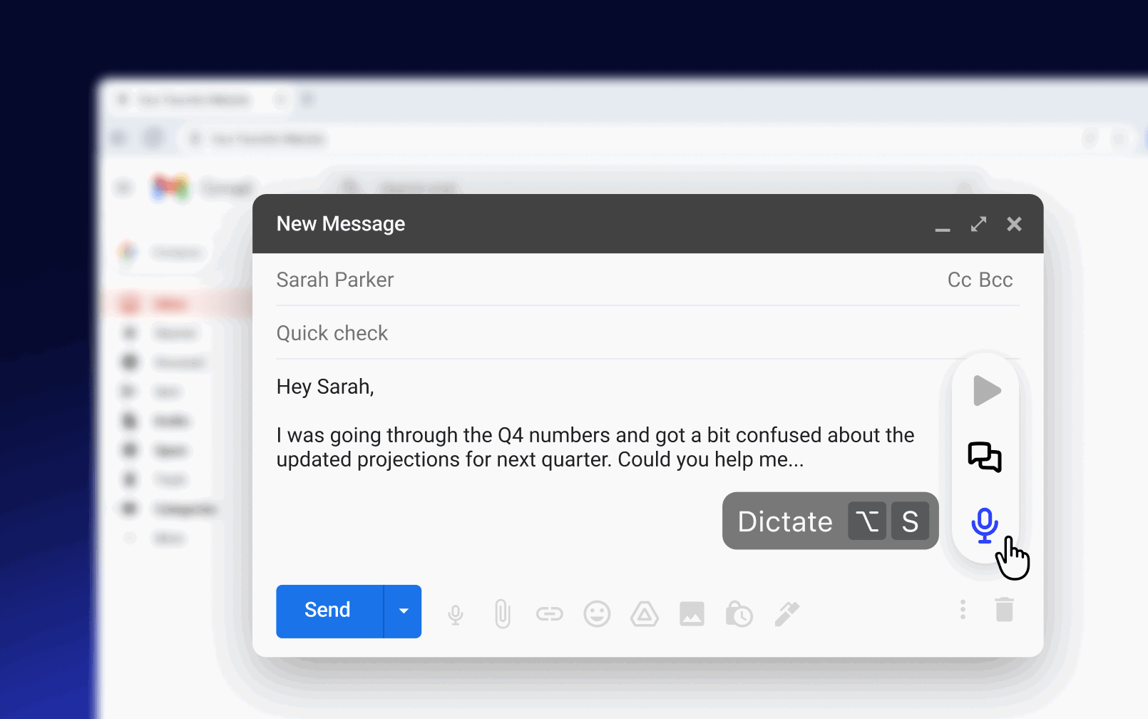 Email compose window with AI smart reply and dictation controls highlighted
