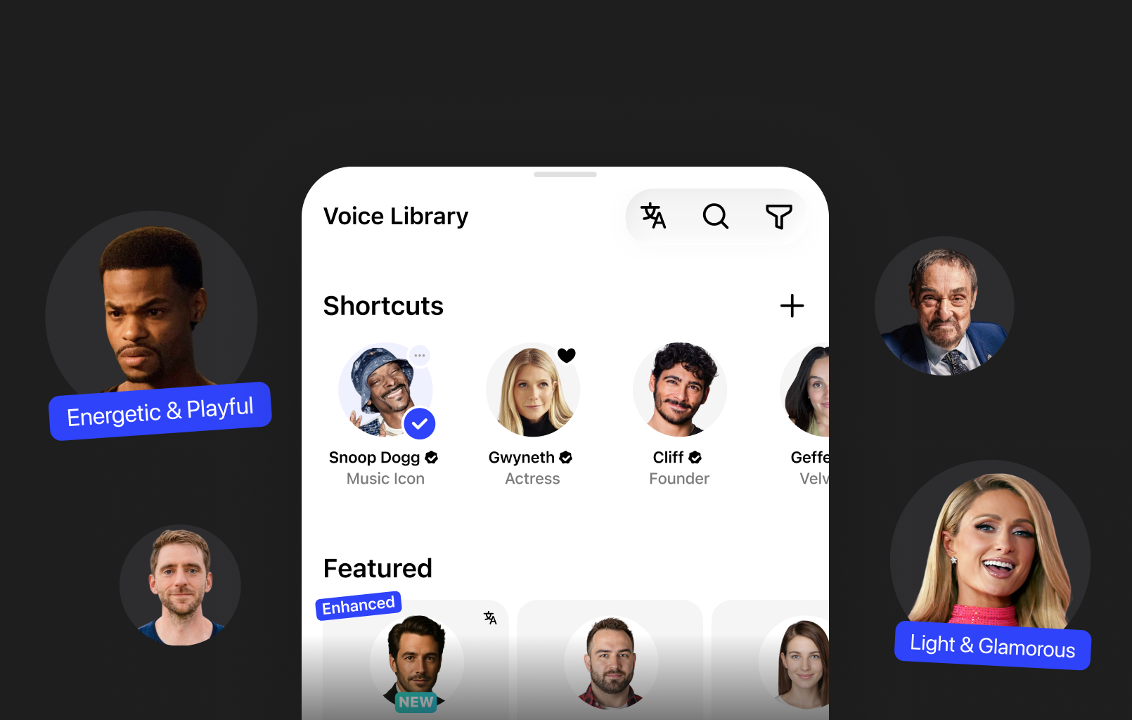 Mobile voice library UI showing shortcut celebrity voices and labeled voice styles