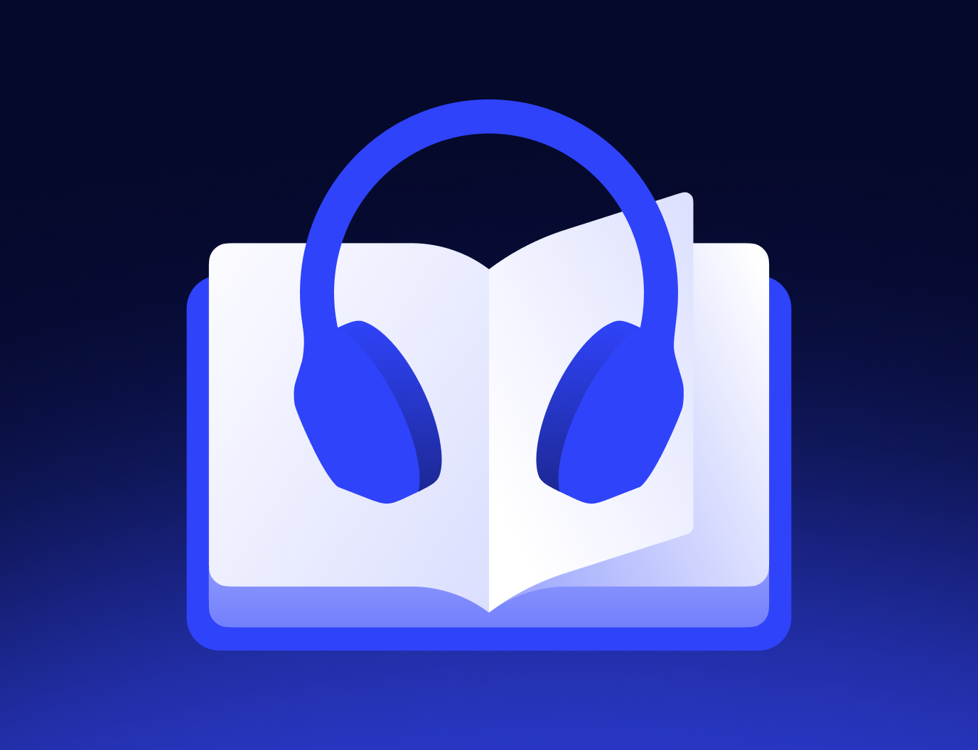 Open book with over-ear headphones representing listening to reading