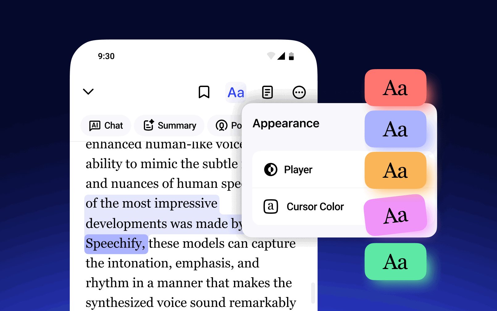 Speechify Android text highlighting with appearance and cursor color options
