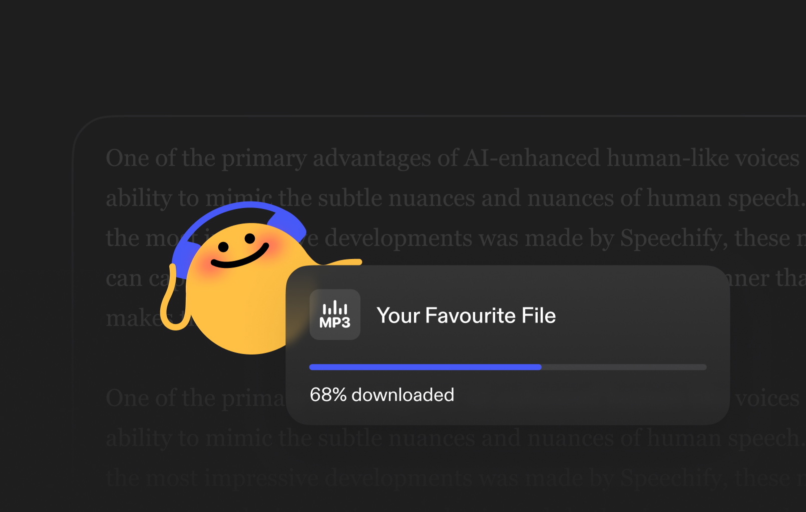 Cheerful character beside an MP3 download progress bar at 68% for Your Favourite File